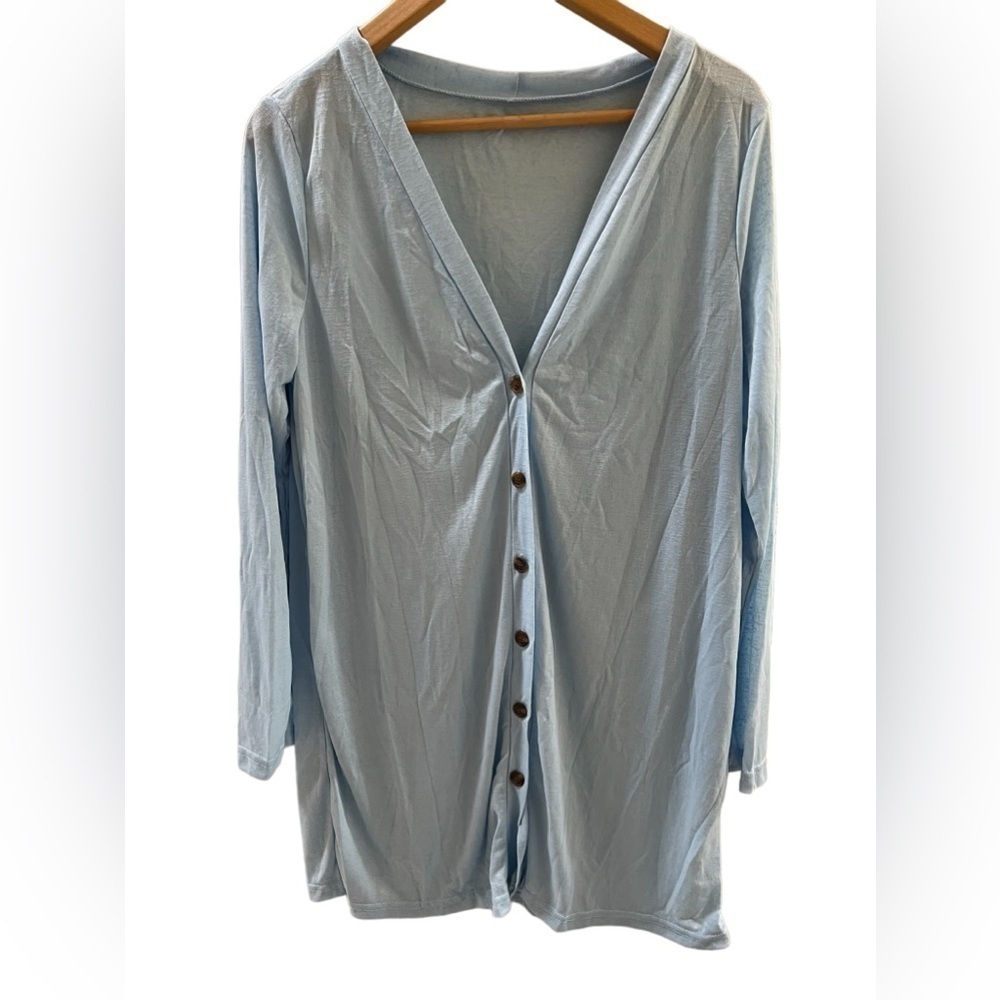 Amazon brand thin sheer women’s baby blue long cardigan size Medium button down